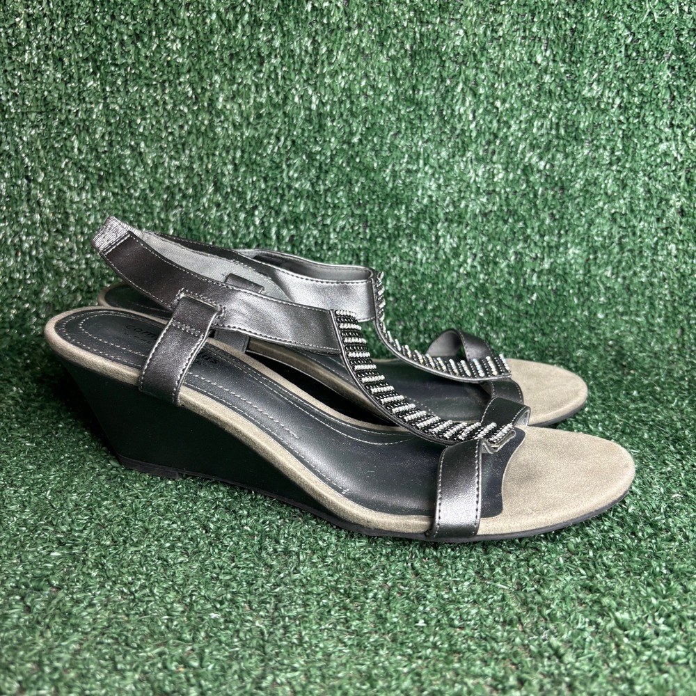 Comfort Plus Predictions Rhinestone T-Strap Wedge Sandal Pewter Womens 9.5 Wide